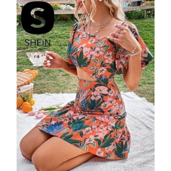 Shein Floral Print Lantern Sleeve Cut Out Asymmetrical Neck Ruffle Hem - Picture 2 of 12